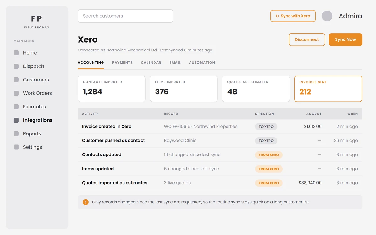 Field Promax connected to Xero over a Xero login with no file exports