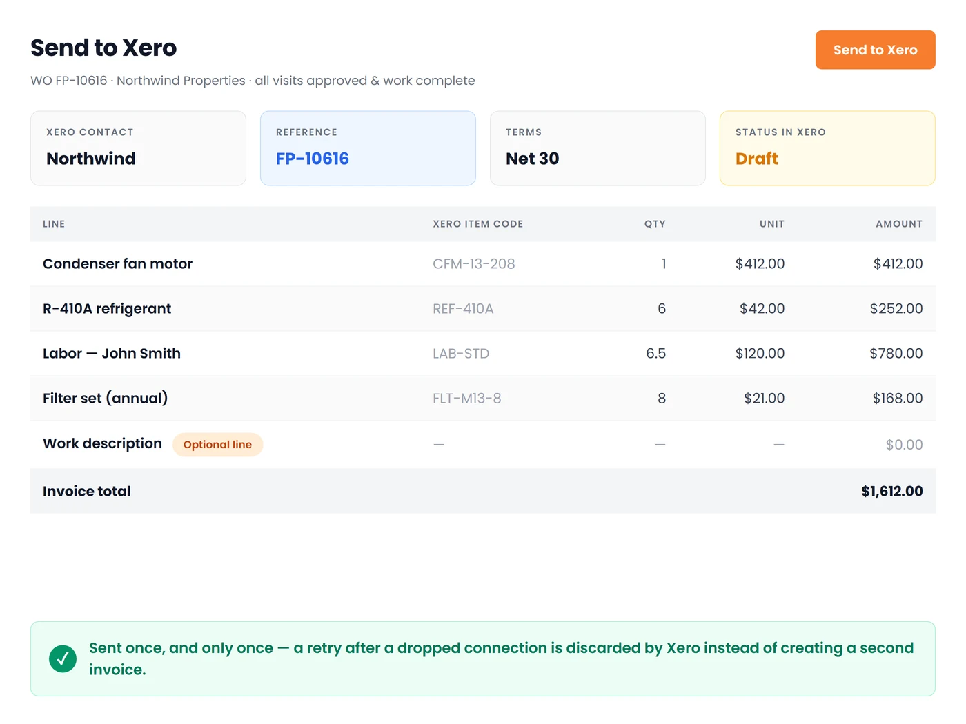 Completed work order pushed to Xero as a draft accounts receivable invoice with matched line items